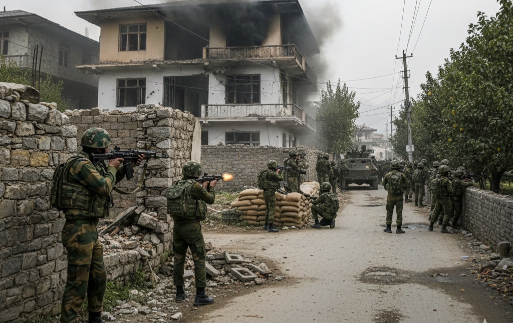 Security forces in action during operation in Kashmir village